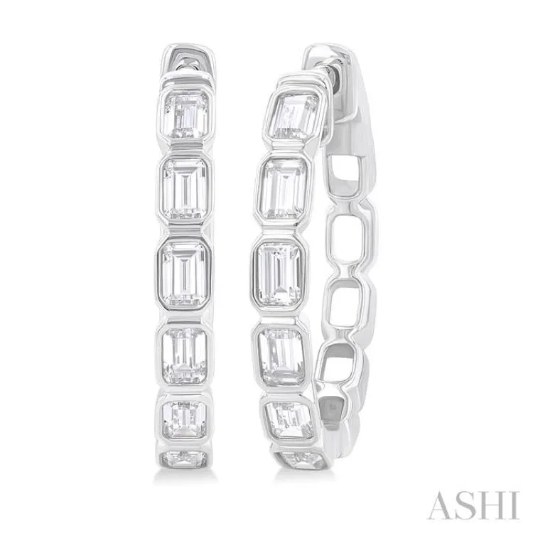 1 1/10 Ctw Bezel Set Emerald Cut Diamond Fashion Hoop Earring in 14K White Gold