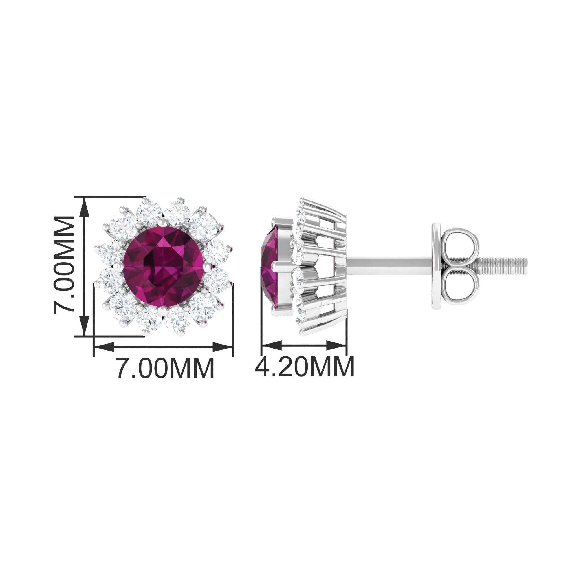 1 CT Classic Round Shape Rhodolite and Diamond Halo Stud Earrings