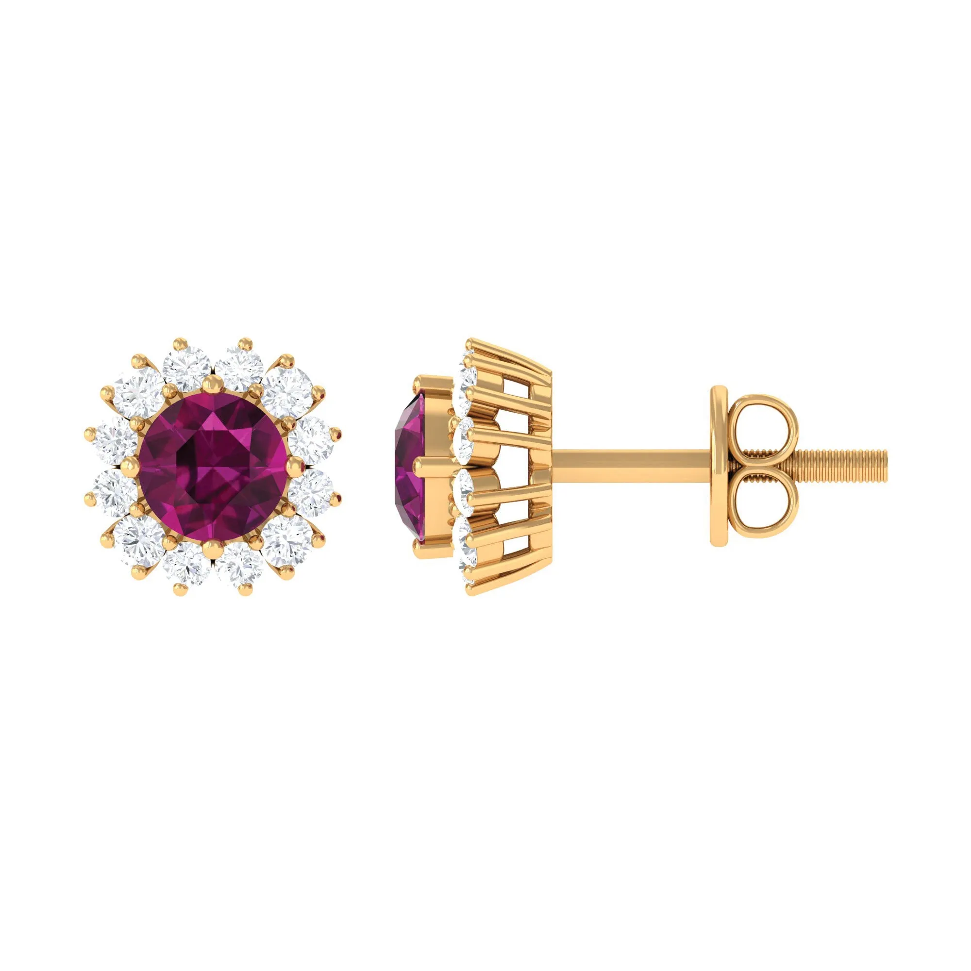 1 CT Classic Round Shape Rhodolite and Diamond Halo Stud Earrings