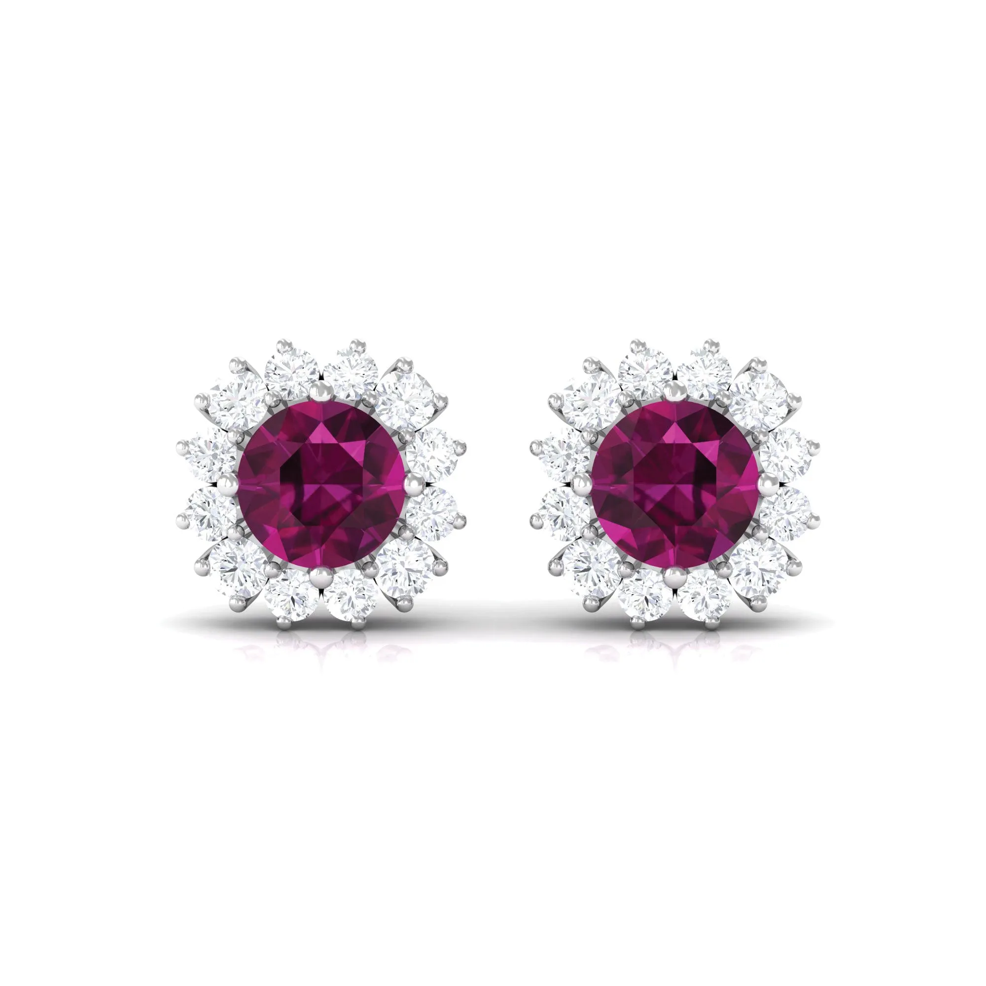 1 CT Classic Round Shape Rhodolite and Diamond Halo Stud Earrings