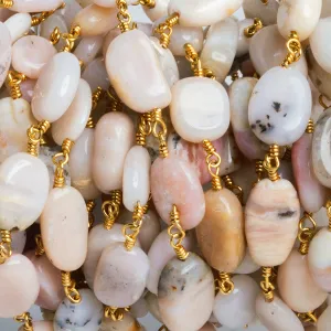 10x7mm Pink Peruvian Opal Oval Gold Chain 20 beads