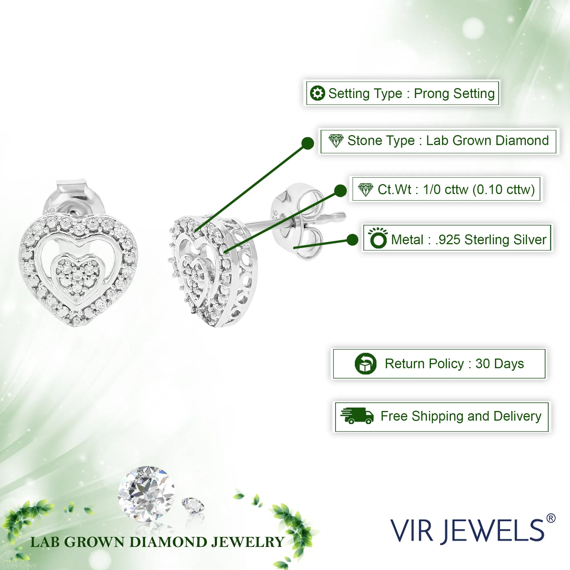 1/10 cttw 22 Stones Round Lab Grown Diamond Studs Earrings .925 Sterling Silver Prong Set Heart Shape