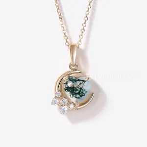 14k Gold Crescent Moon Necklace Heart Shaped Moss Agate Pendant