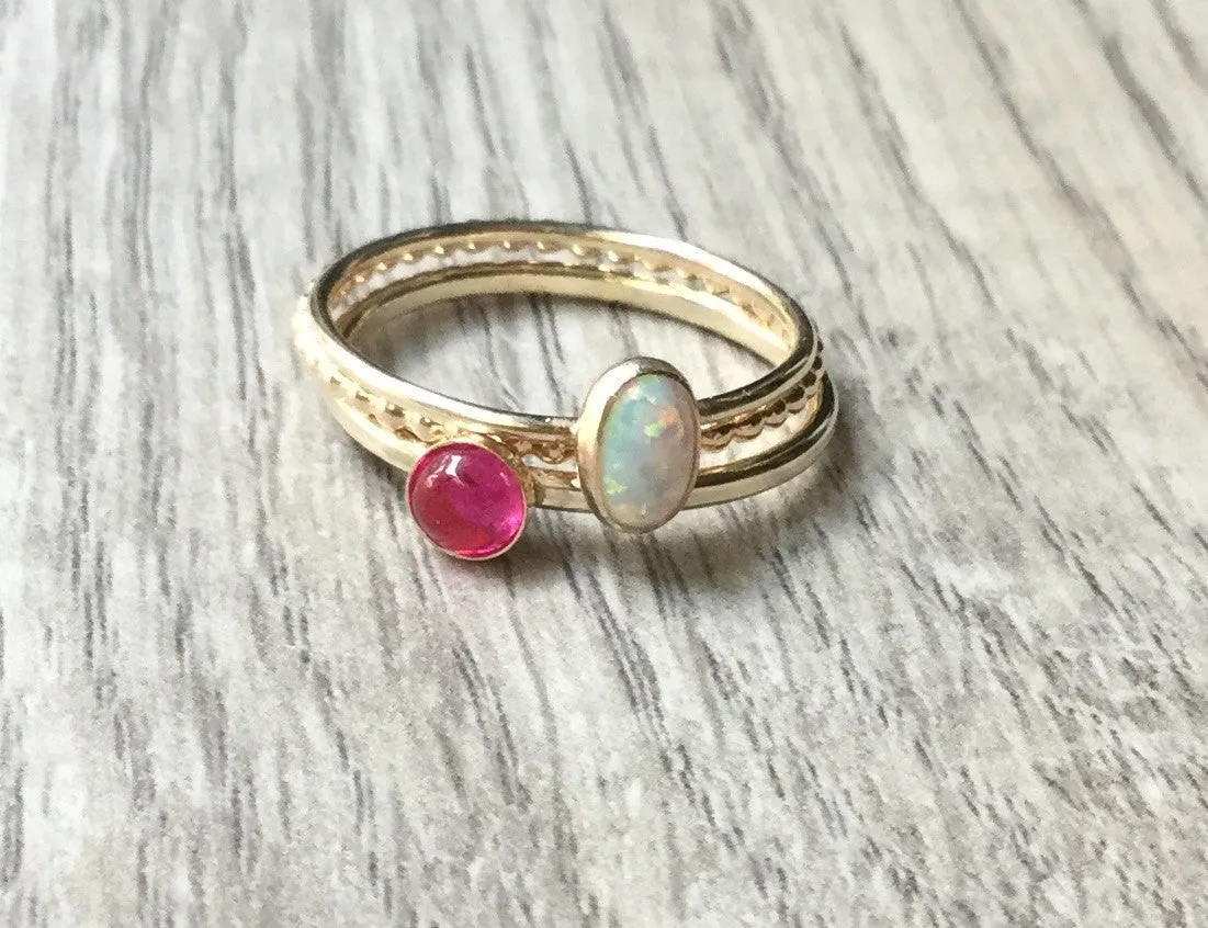 14k gold-filled stacking rings set • Lab ruby and opal gemstone rings • Yellow Gold stacking rings