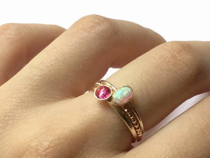 14k gold-filled stacking rings set • Lab ruby and opal gemstone rings • Yellow Gold stacking rings