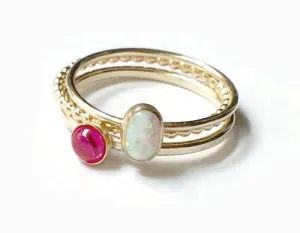 14k gold-filled stacking rings set • Lab ruby and opal gemstone rings • Yellow Gold stacking rings