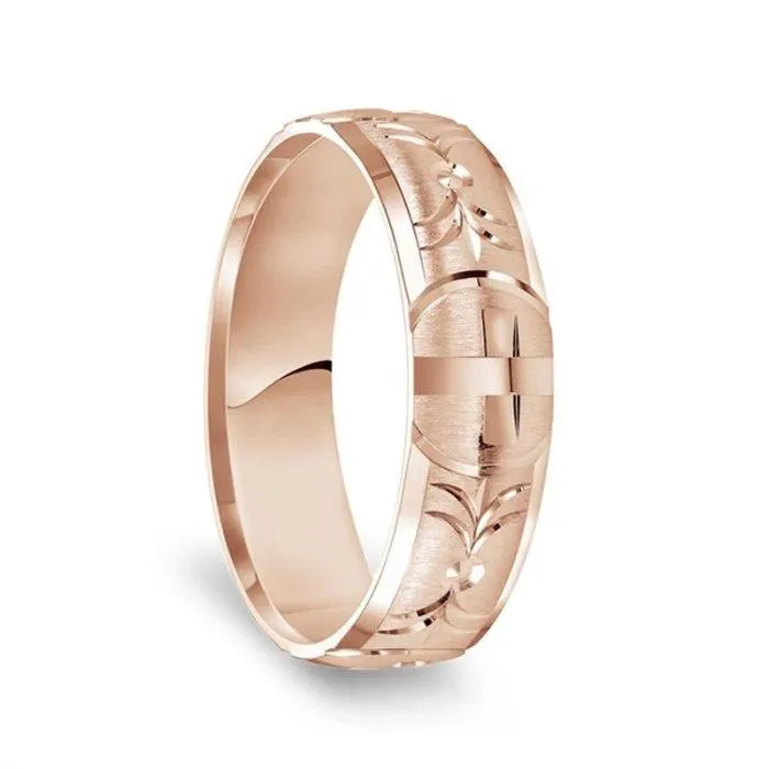 14k Rose Gold Satin Finished Polished Edges Wedding Ring with Polished Cross Cuts - 6mm