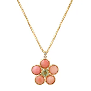 14K YG Pink Opal, Green Tourmaline and Diamond Blossom Necklace