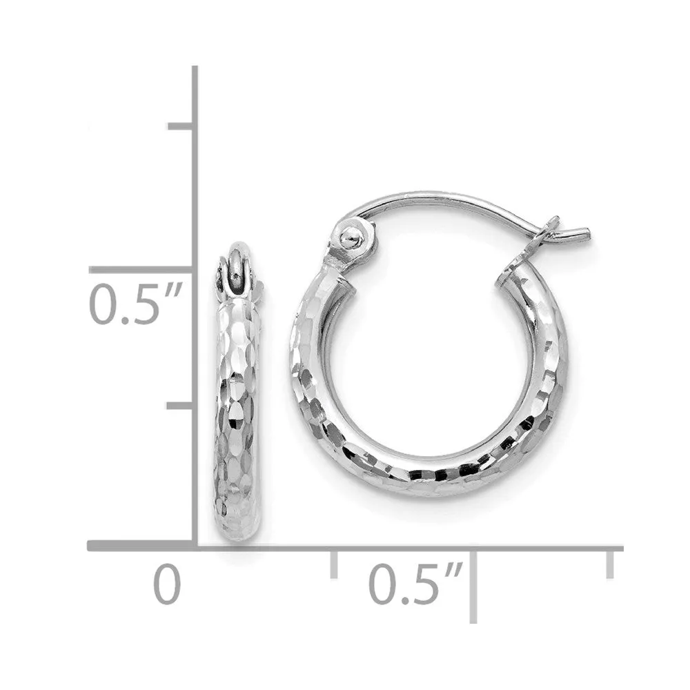 14KT White Gold 13X2MM Diamond-cut Hoop Earrings