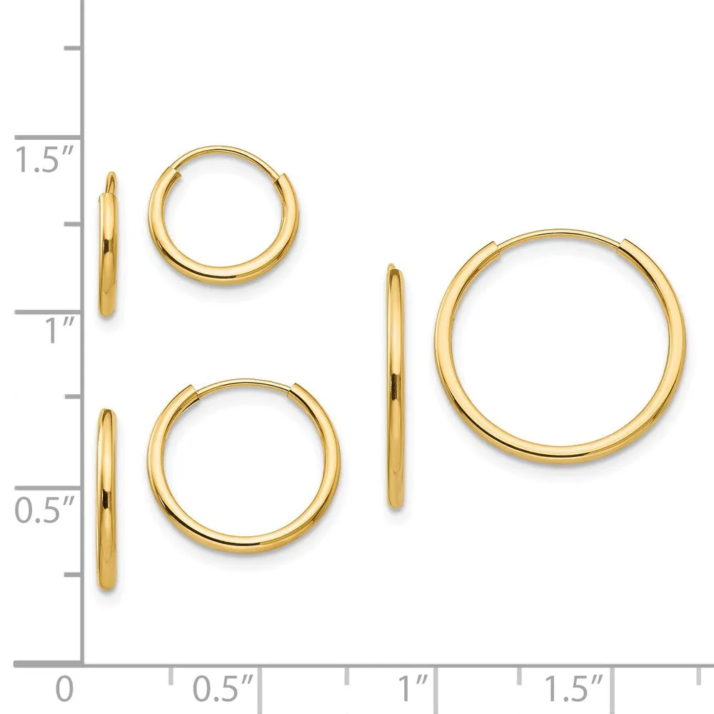 14KT Yellow Gold 3-Pair Endless Hoop Earrings