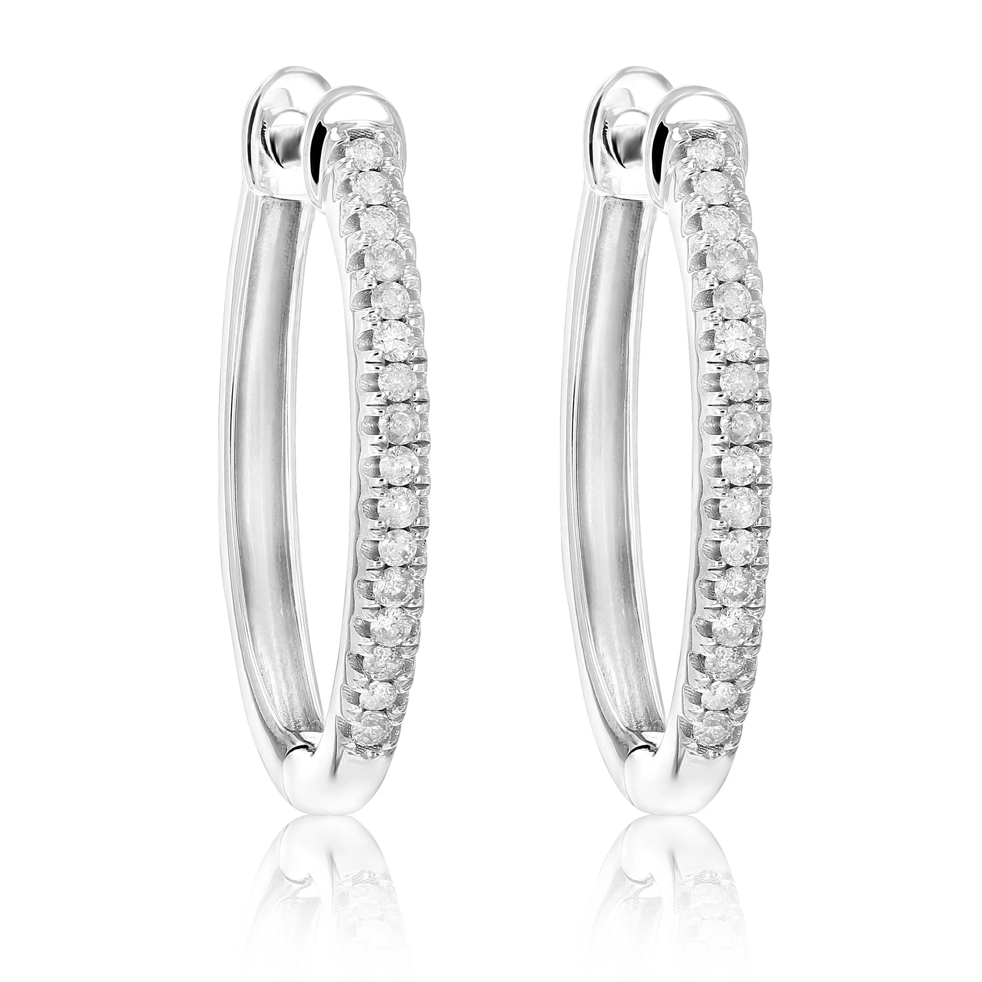 1/5 cttw Diamond Hoop Earrings .925 Sterling Silver 32 Stones Prong Set 3/4 Inch