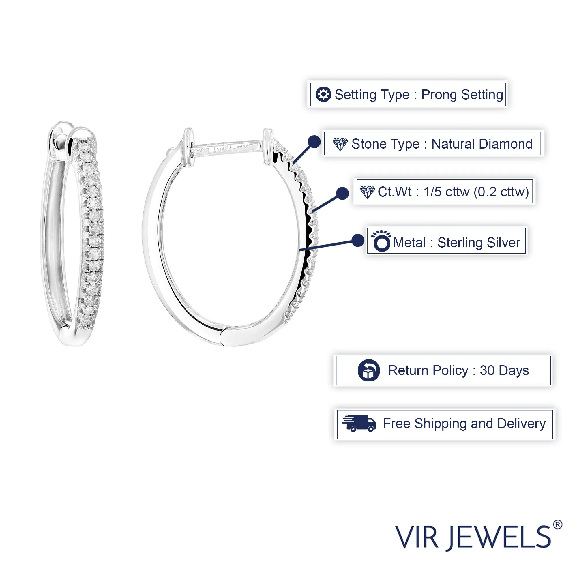 1/5 cttw Diamond Hoop Earrings .925 Sterling Silver 32 Stones Prong Set 3/4 Inch