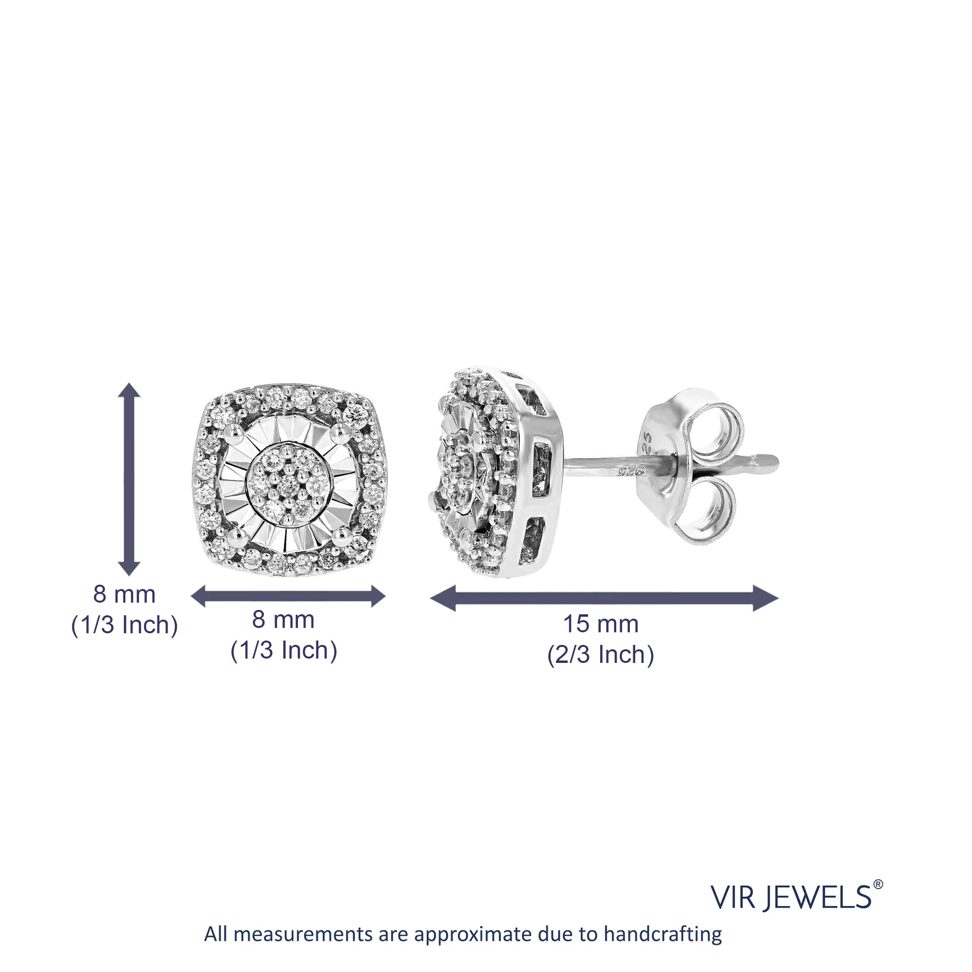 1/5 cttw Round Cut Lab Grown Diamond Earrings Square Studs In .925 Sterling Silver Prong Set