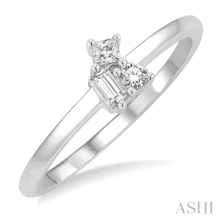 1/6 ctw Petite Tri-Stone Scatter Princess, Baguette & Round Cut Diamond Fashion Ring in 10K White Gold