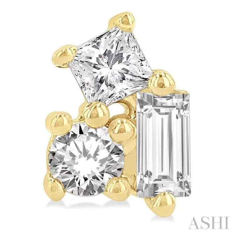 1/6 ctw Petite Tri-Stone Scatter Princess, Baguette & Round Cut Diamond Fashion Stud Earring in 10K Yellow Gold