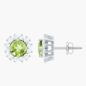 1.75 CT Classic Peridot and Diamond Halo Stud Earrings