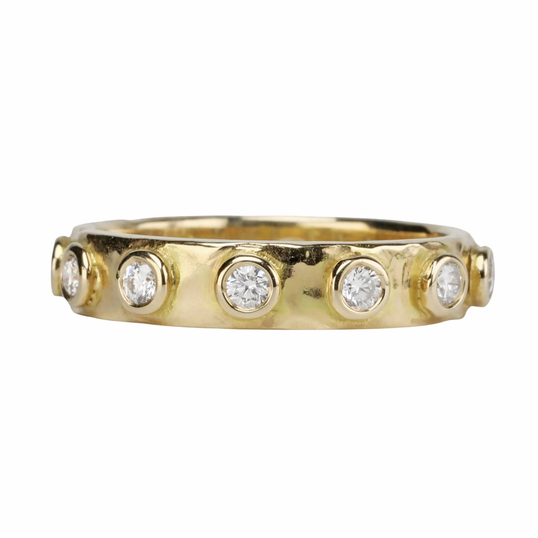 18K Gold Hammered High Polish Terra Band with Diamonds