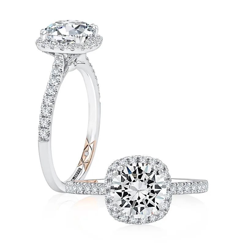 A.Jaffe Engagement Rings Cushion Shaped Halo Round Center Diamond Engagement Ring with Pave Band MECRD2546/135