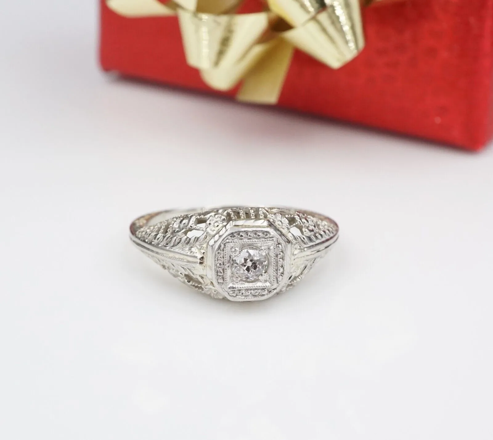 Art Deco 14k White Gold Natural Diamond Filigree Engagement Ring Sz 5.75 RG3522