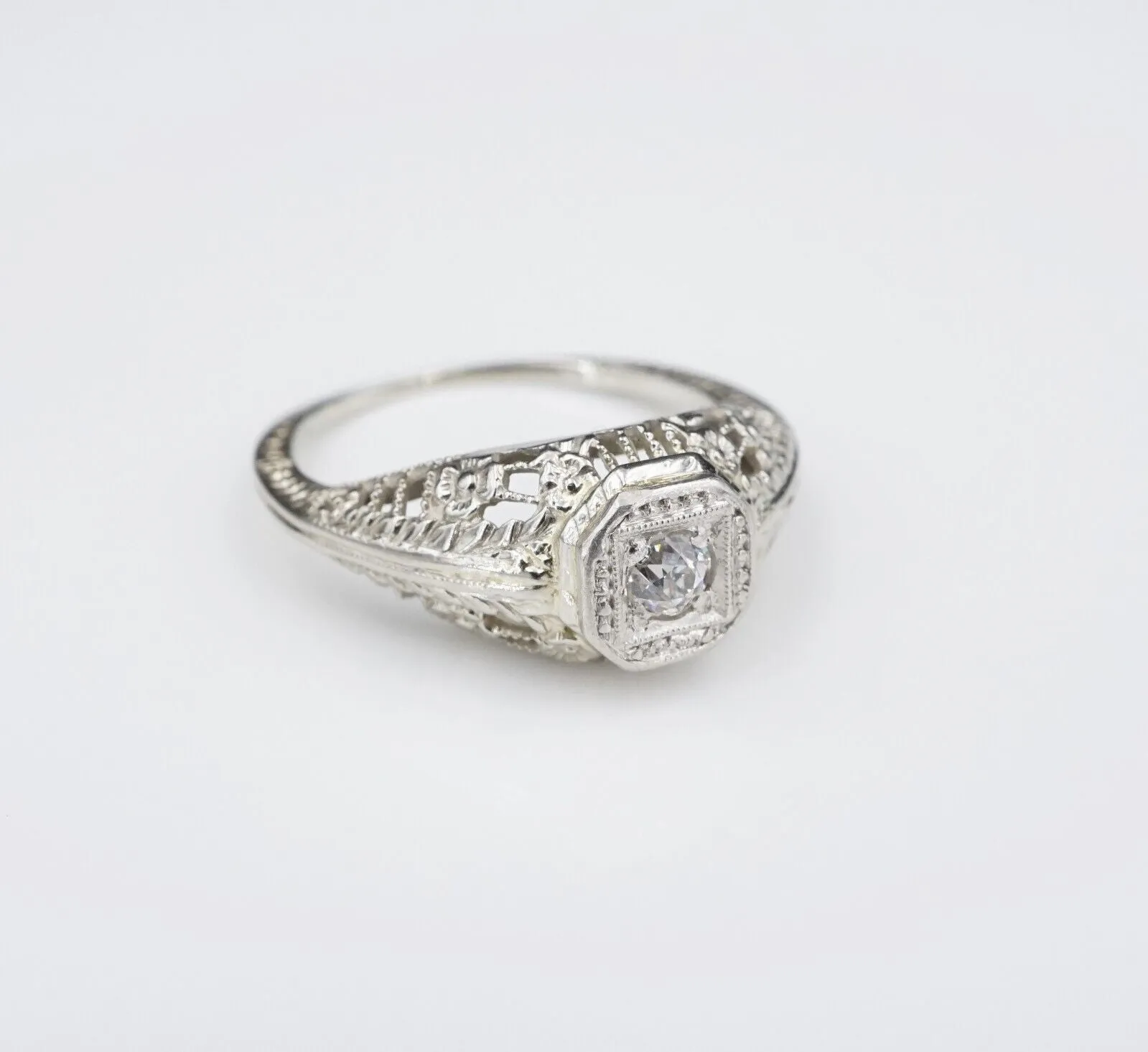 Art Deco 14k White Gold Natural Diamond Filigree Engagement Ring Sz 5.75 RG3522