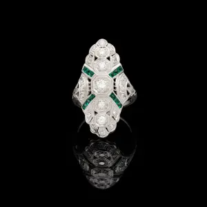 Art Deco Diamond & Emerald Platinum Dinner Ring