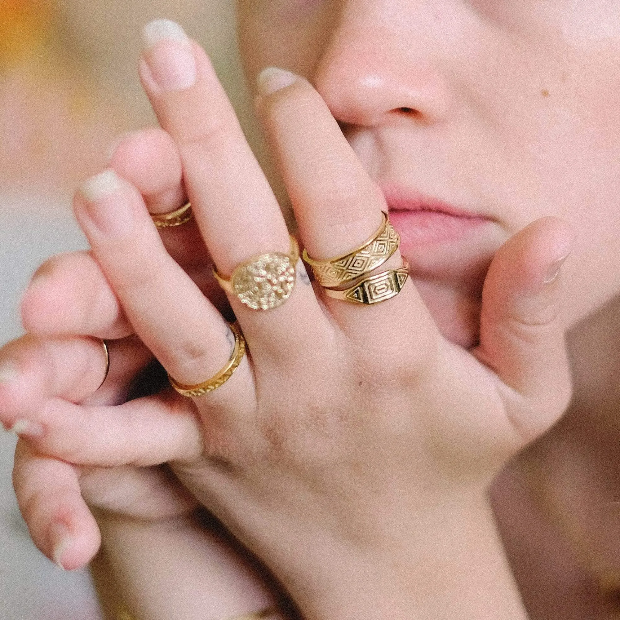 Aztec Engraved Chunky Ring 18ct Gold Plate