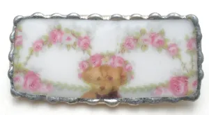 Broken China Jewelry Bear & Roses Brooch Pin