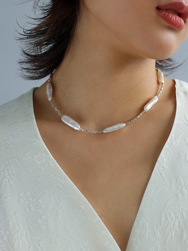 Broken Silver Toothpick Freshwater Pearl Necklaces