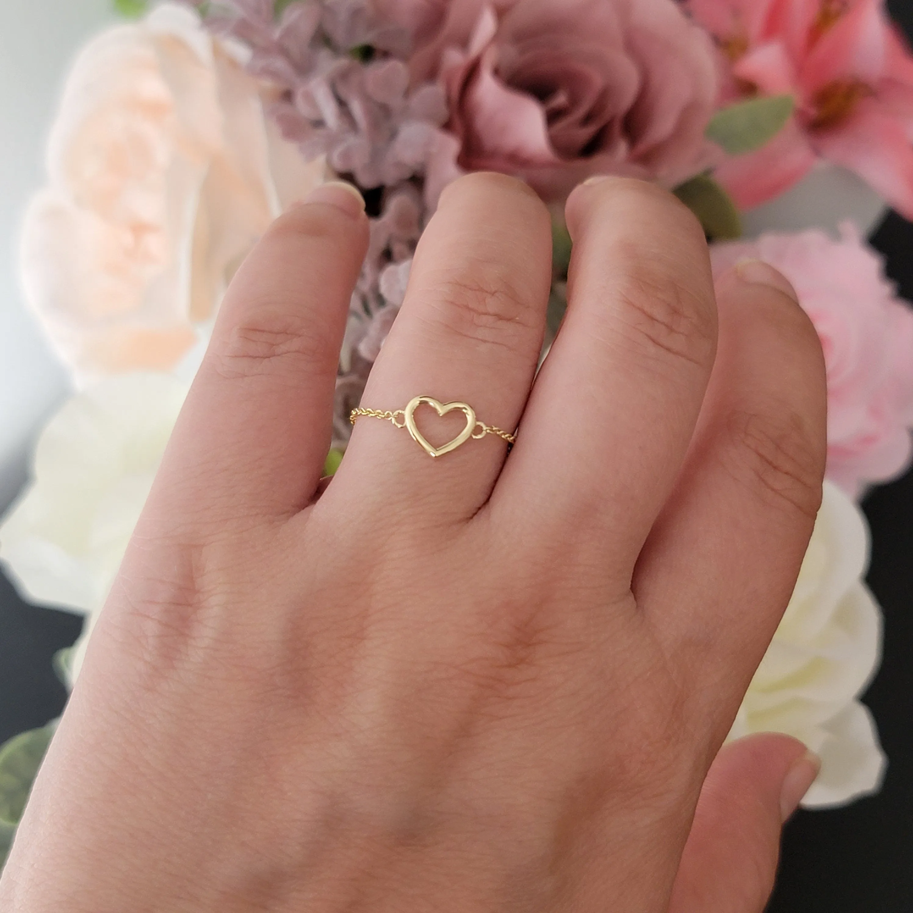 Chain Ring, 14k Solid Gold Chain Ring, Heart Chain Ring, Minimalist Ring, Dainty Ring, Gold Heart Ring, Ring for Her, Stacking Rings