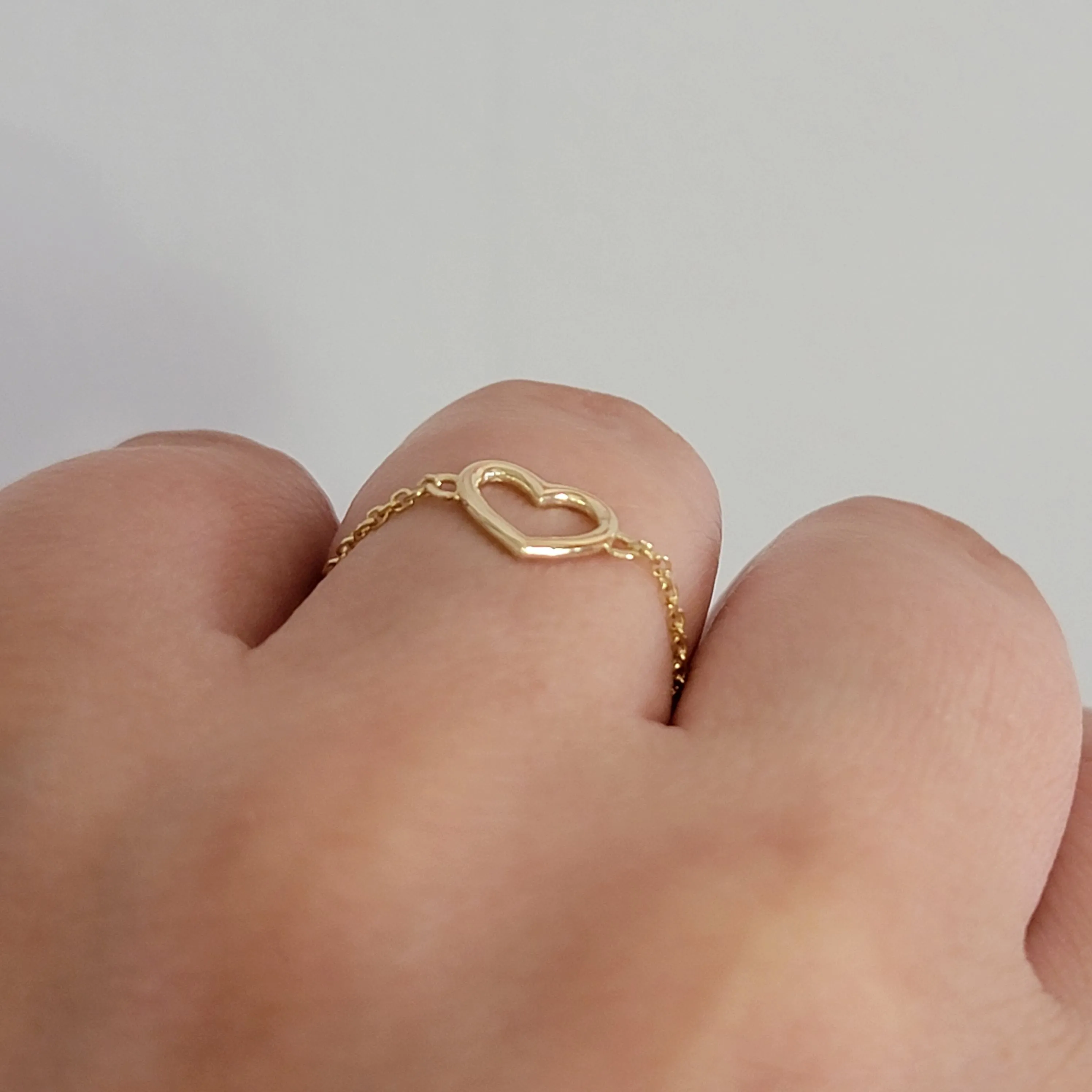 Chain Ring, 14k Solid Gold Chain Ring, Heart Chain Ring, Minimalist Ring, Dainty Ring, Gold Heart Ring, Ring for Her, Stacking Rings