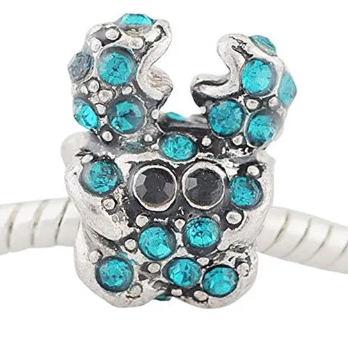 Crab with Crystals Spacer Bead For Snake Chain Bracelet (Aqua)