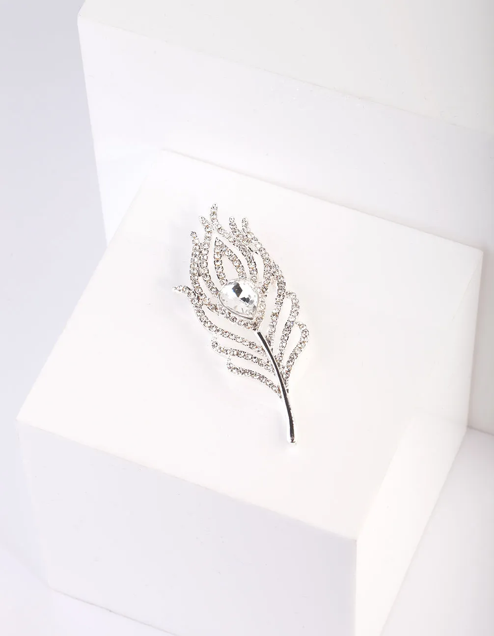 Crystal Feather Silver Brooch