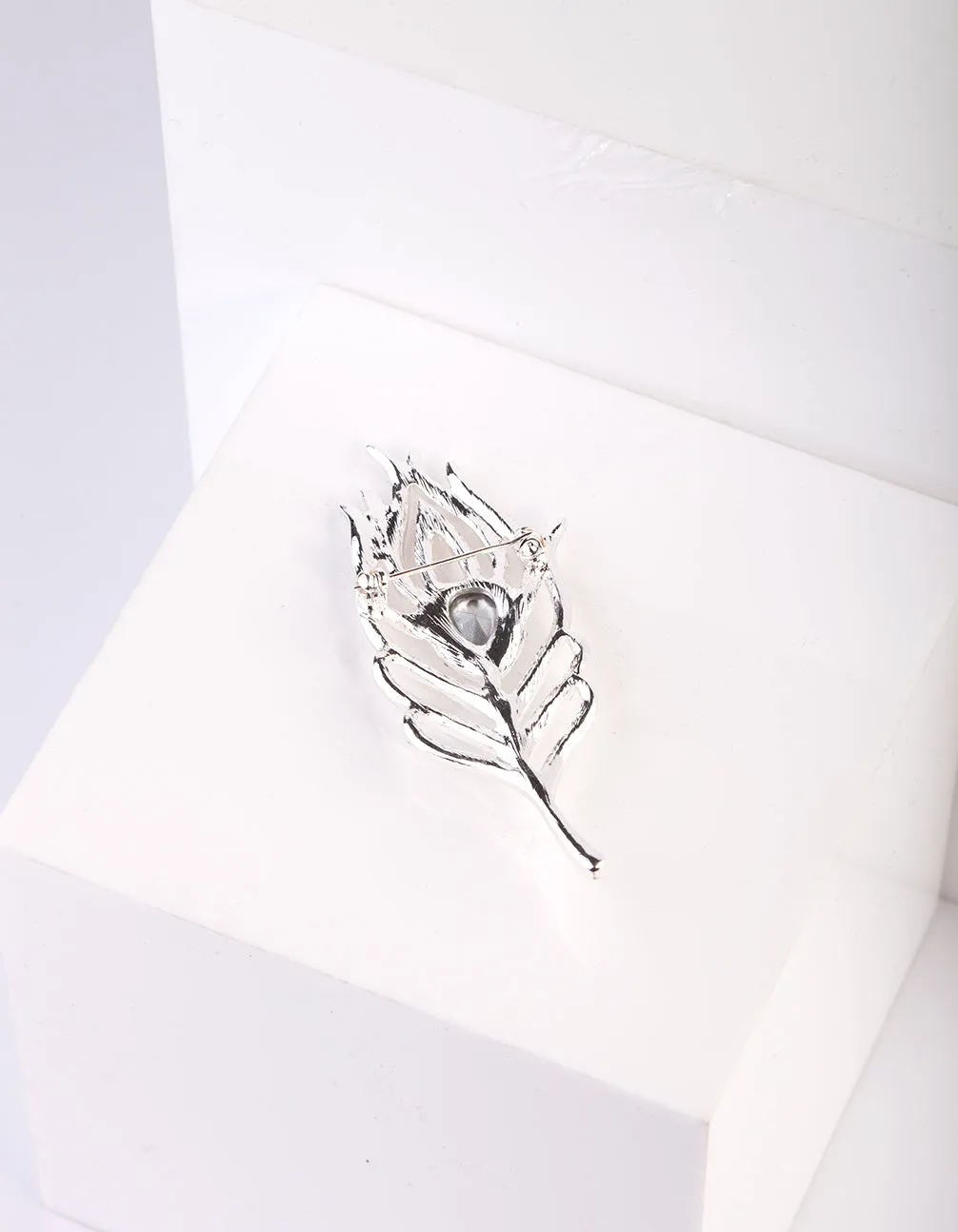 Crystal Feather Silver Brooch