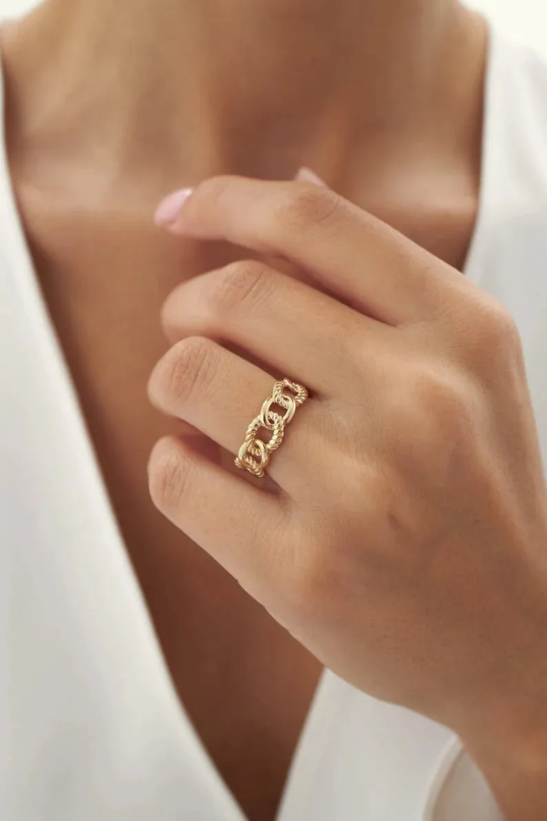 Cuban Rope Link Chain Rings - 14k Gold Vermeil Rings