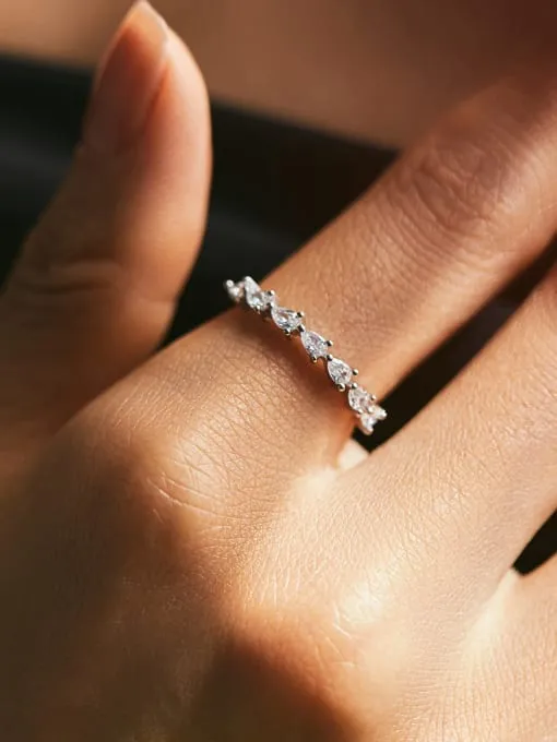 Dainty Sideways Pear Ring, Tiny Cubic Zirconia Waterdrop .925 Sterling Silver Front Eternity Ring