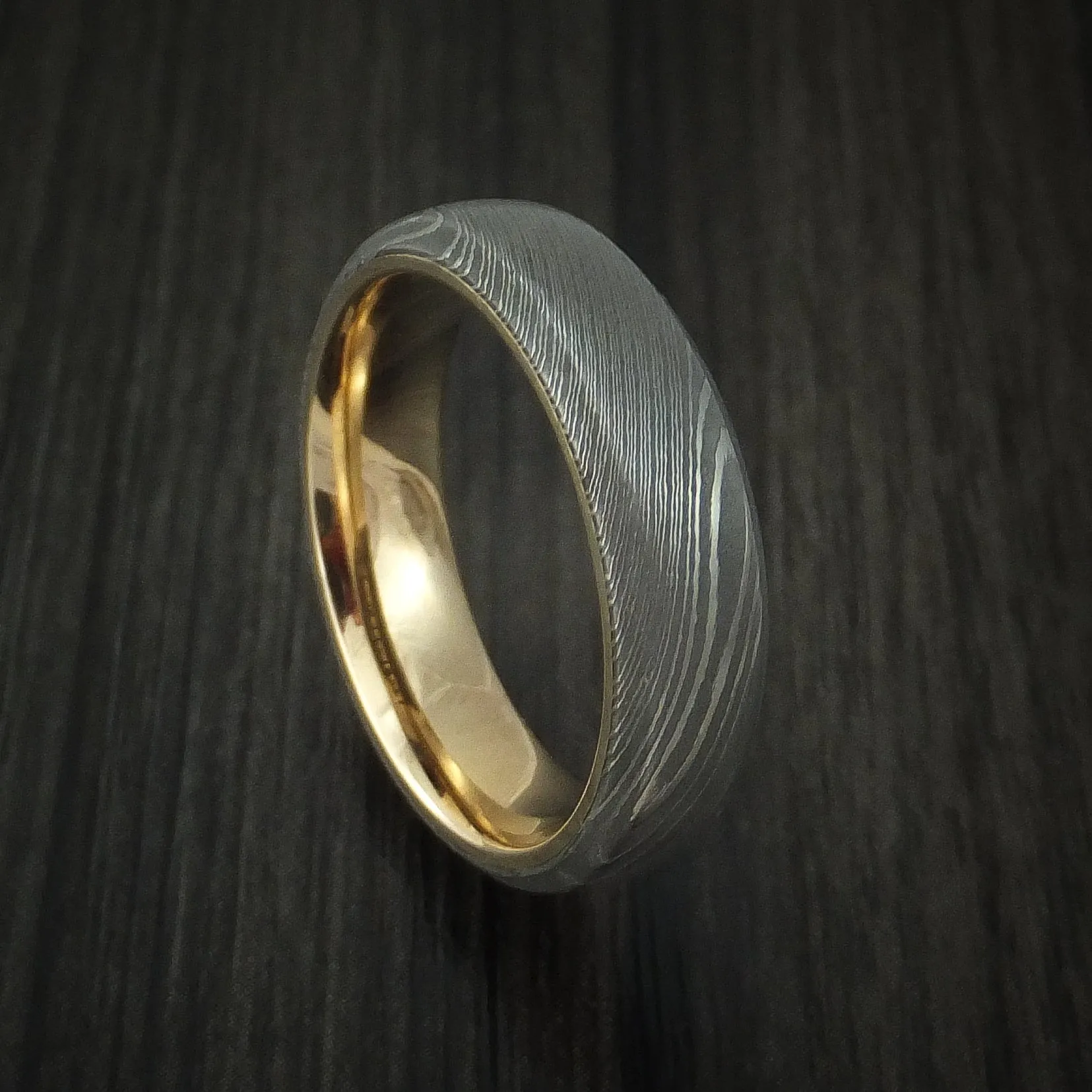 Damascus Steel Men's Ring with 14k Yellow Gold Sleeve Custom Made Band