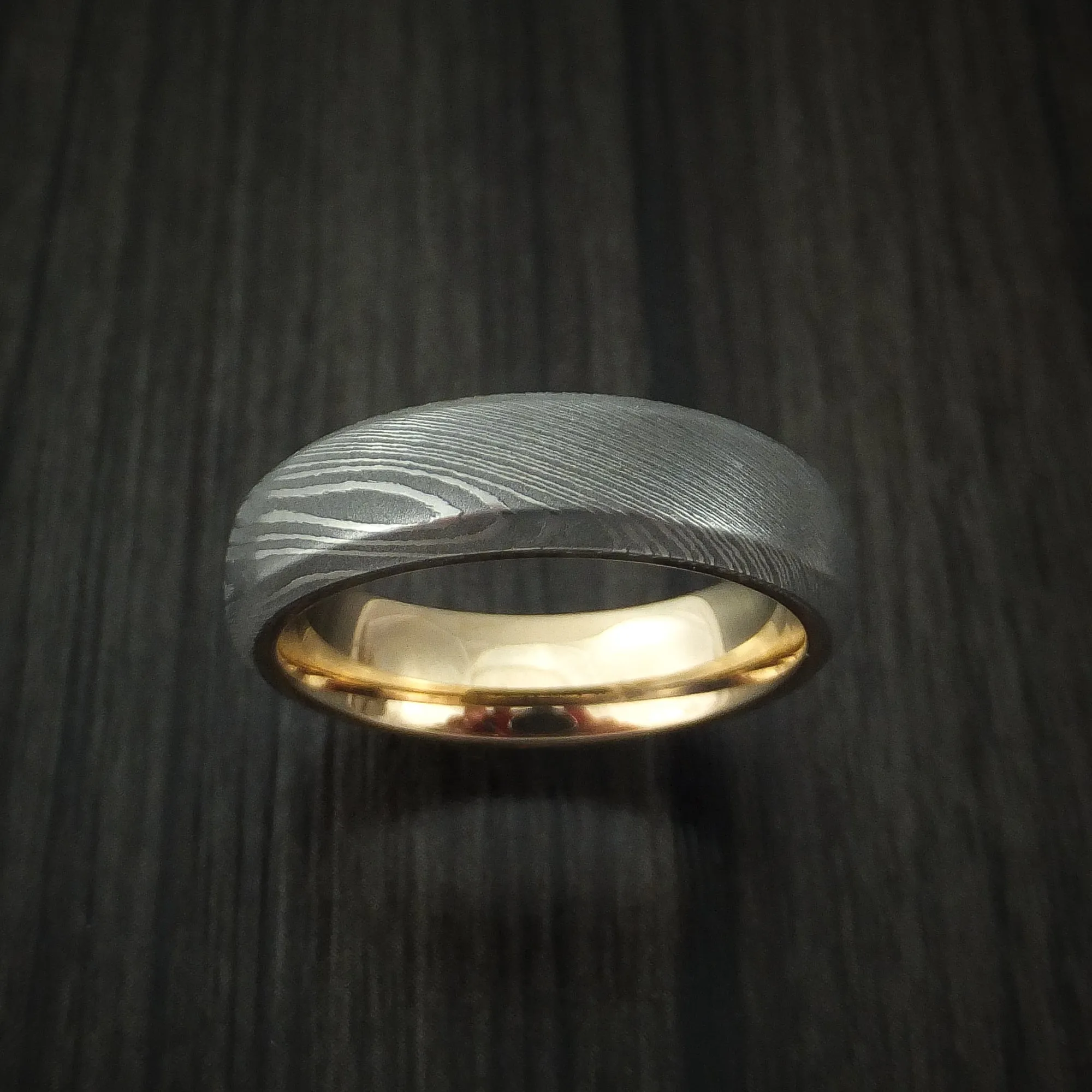 Damascus Steel Men's Ring with 14k Yellow Gold Sleeve Custom Made Band