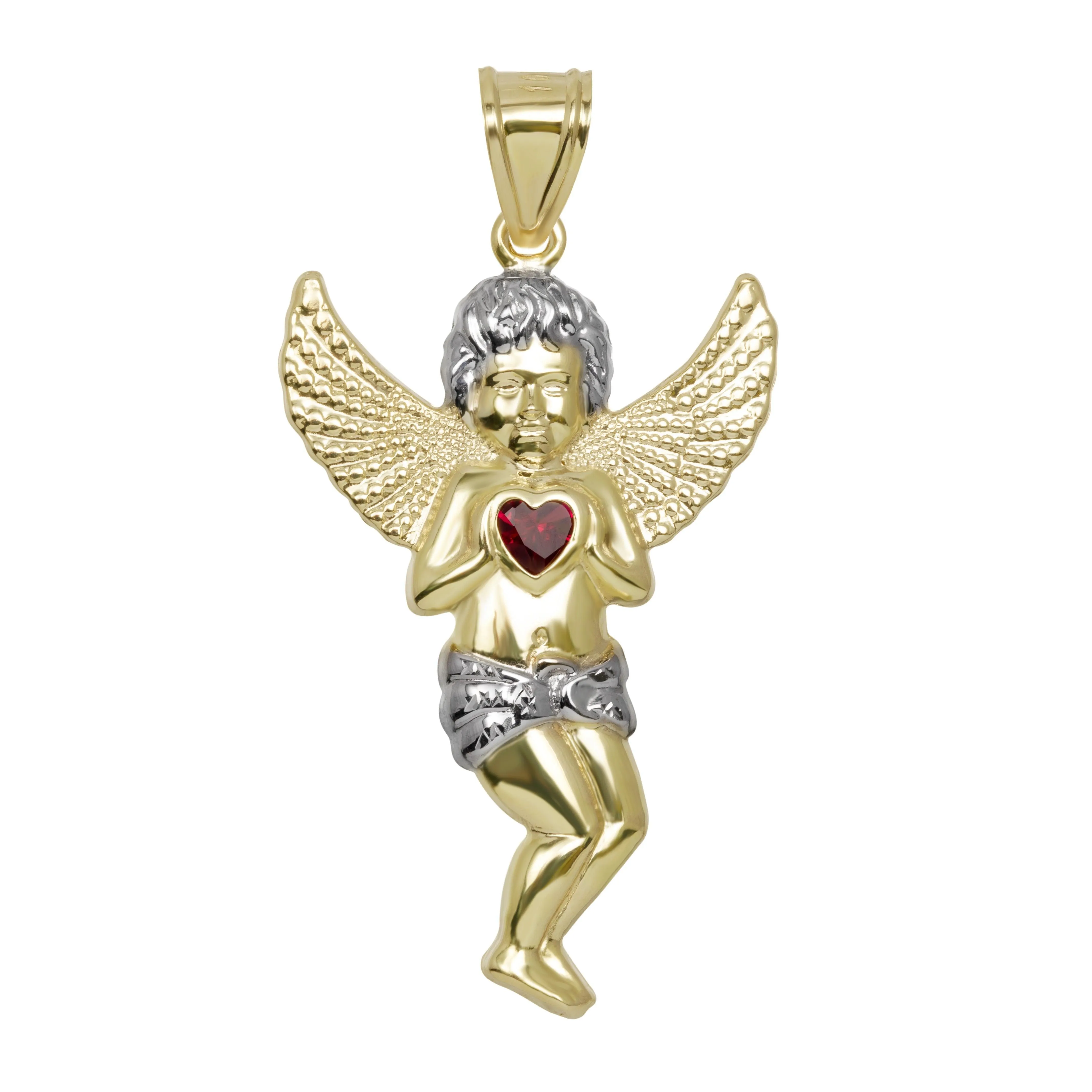 Diamond-Cut Praying Angel with Heart Ruby Stone Pendant 10K Yellow Gold