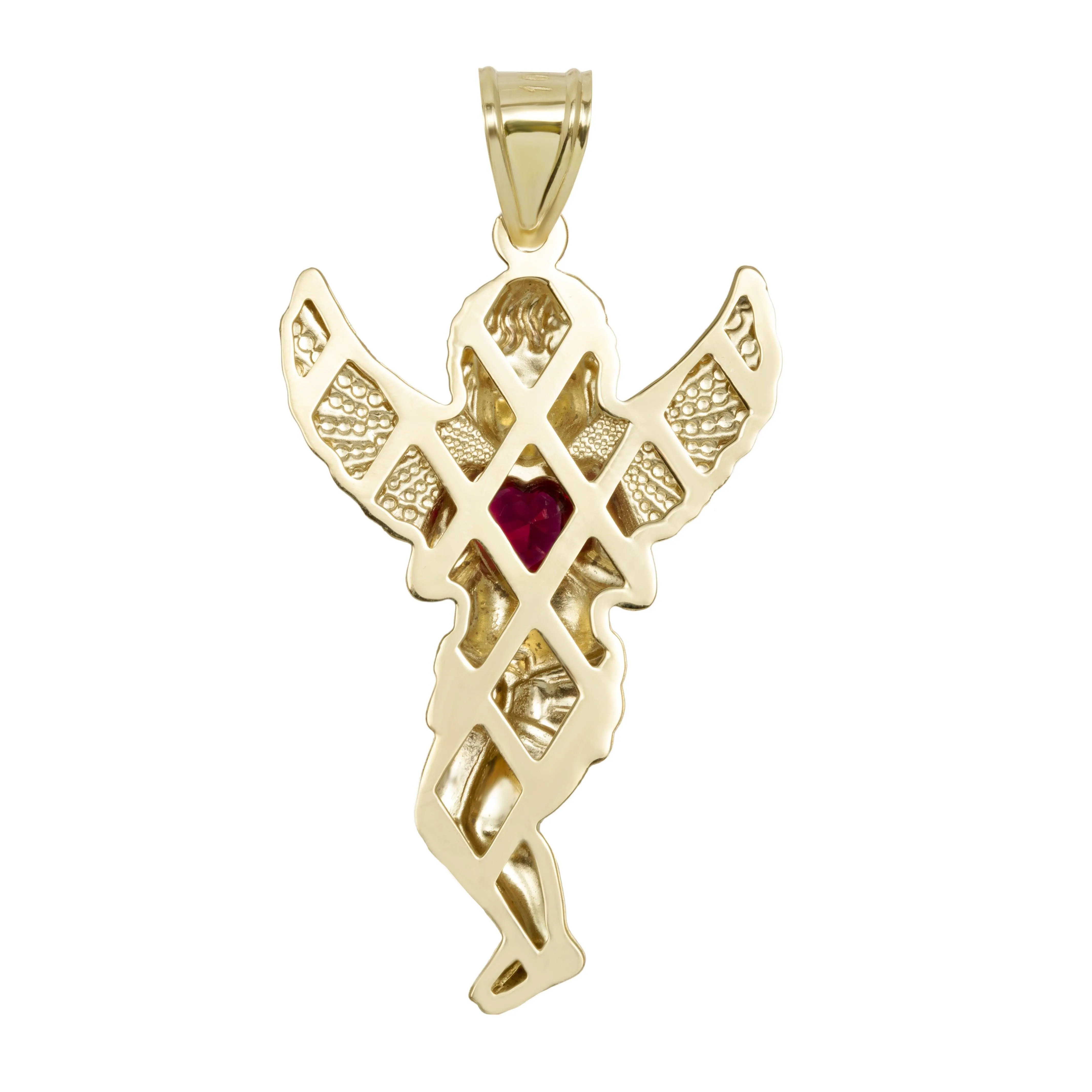 Diamond-Cut Praying Angel with Heart Ruby Stone Pendant 10K Yellow Gold