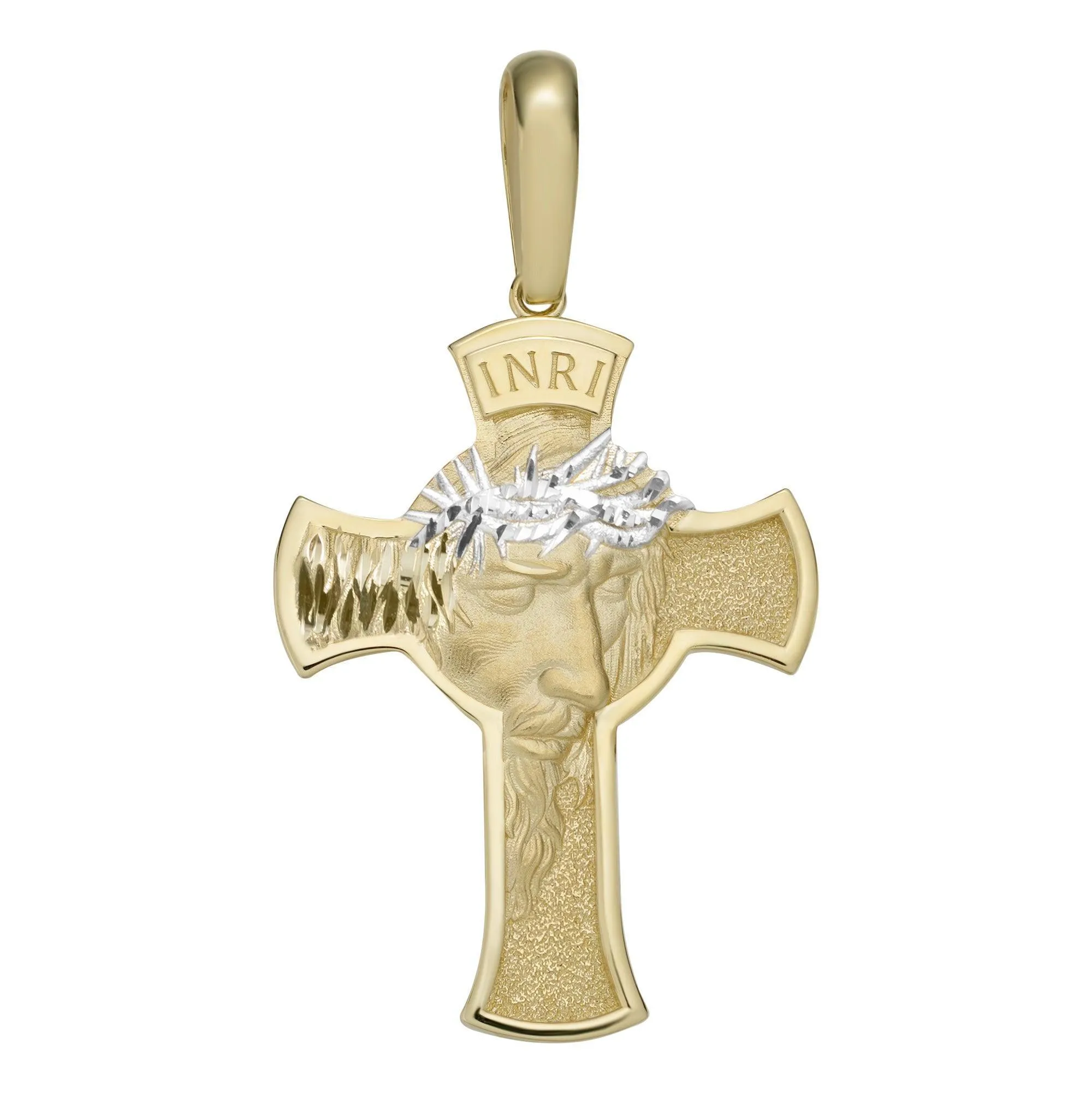 Face of Jesus Cross Two Tone Pendant Solid 10K Yellow Gold