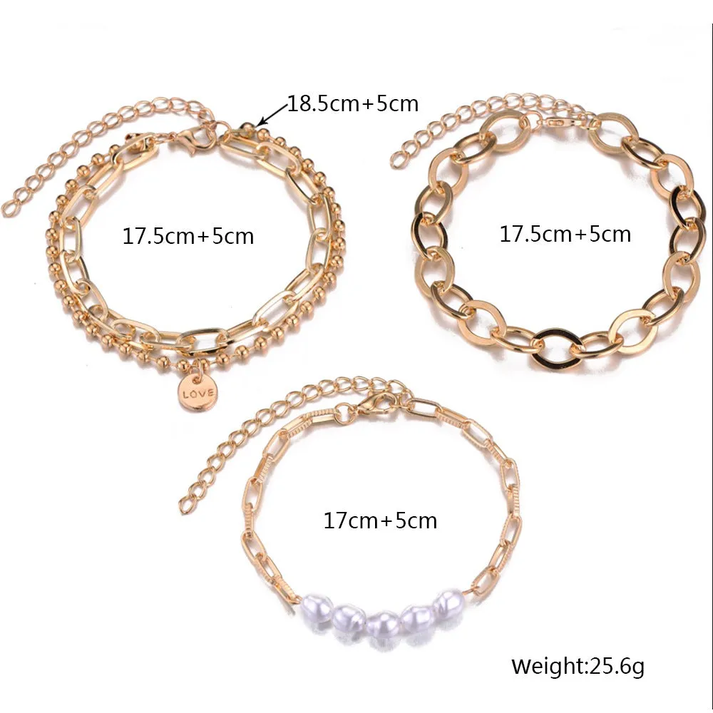 Fashion Multilayer Pearl Metal Bracelet 3 Piece Set