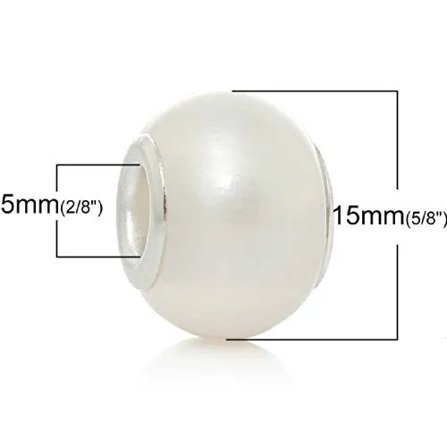 Five (5)White Pearl Lampwork Murano Glass European Beads Compatible with European Snake Chain Bracelet