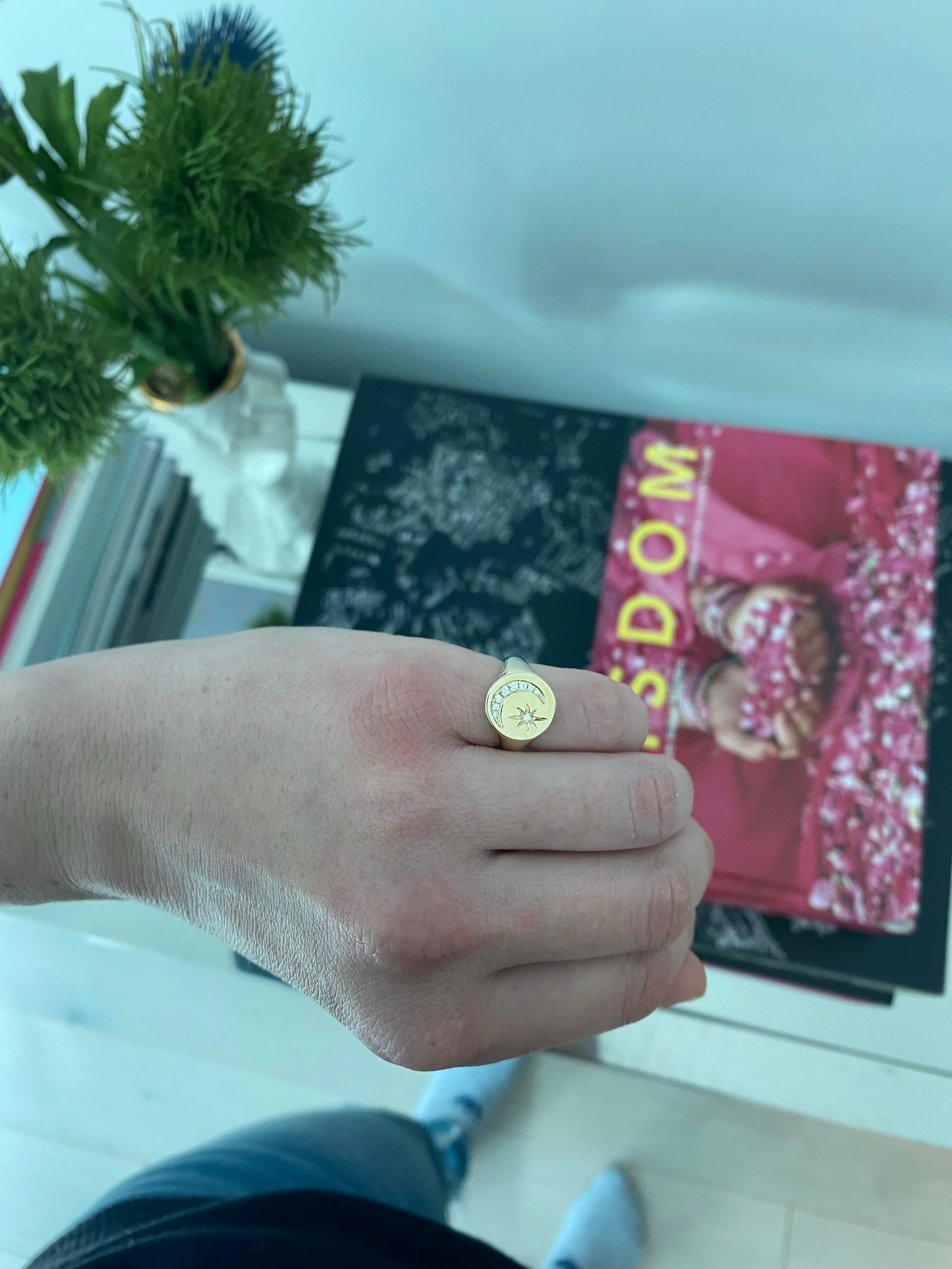 Gold Diamond Moon Star Pinky Ring