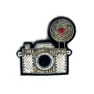 Hand Embroidered Small Silver Camera Pin