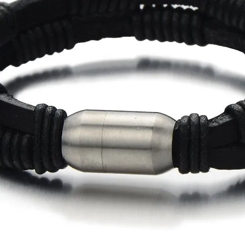 Hand-Made Leather Bangle Bracelet for Men with Stainless Steel Magnetic Clasp