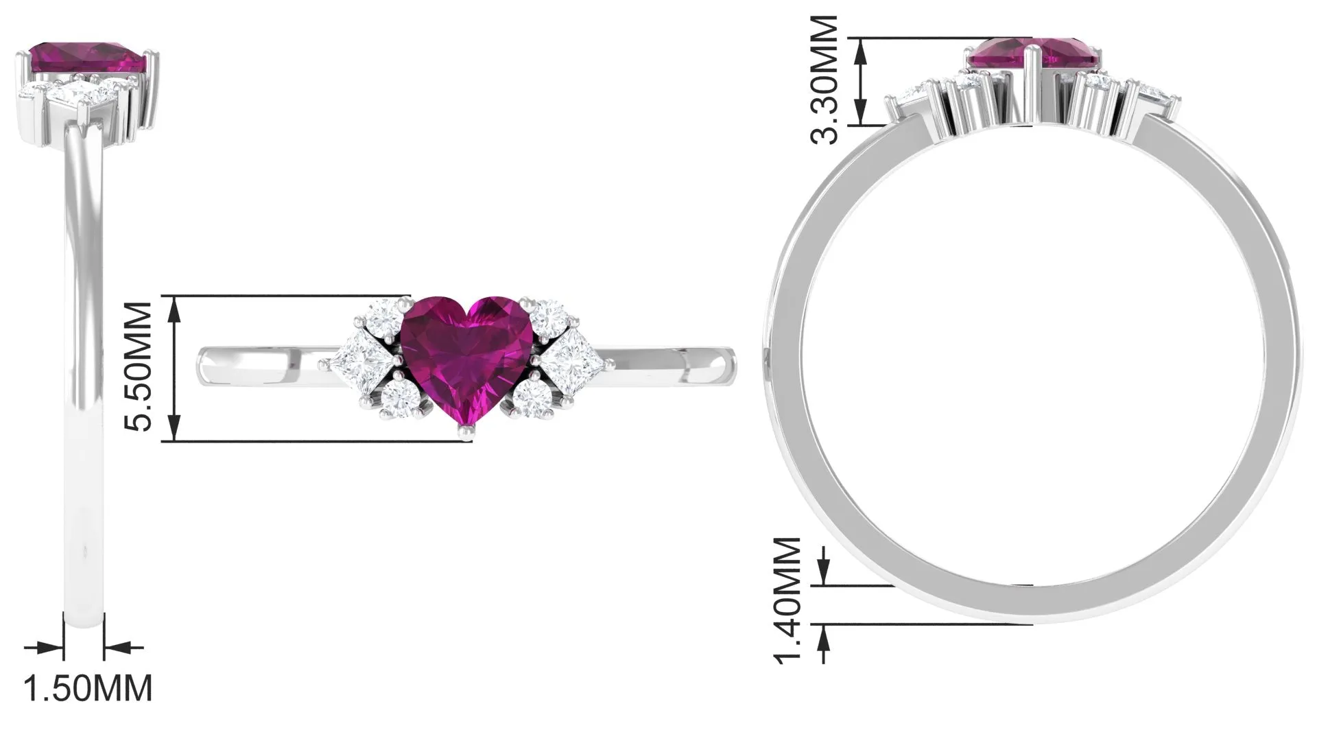 Heart Shape Rhodolite Ring with Diamond Stones