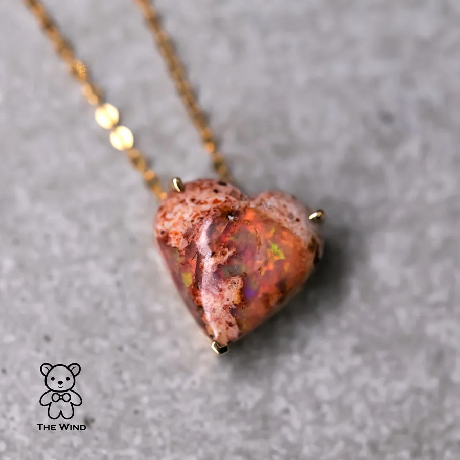 Heart Shaped Mexican Matrix Fire Opal Pendant Necklace 18K Yellow Gold