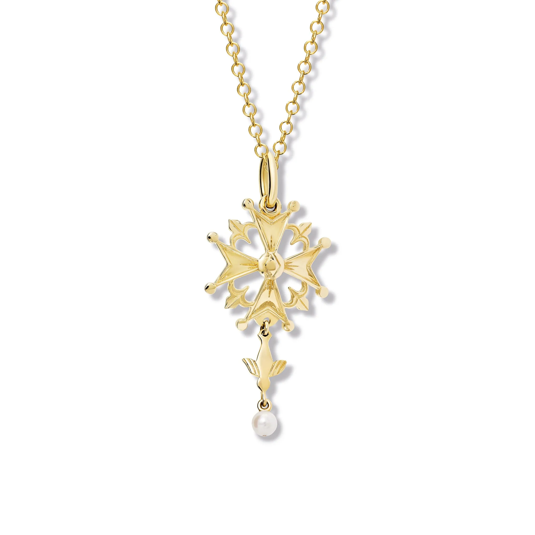 Huguenot Large Cross Pendant Yellow Gold - Pearl