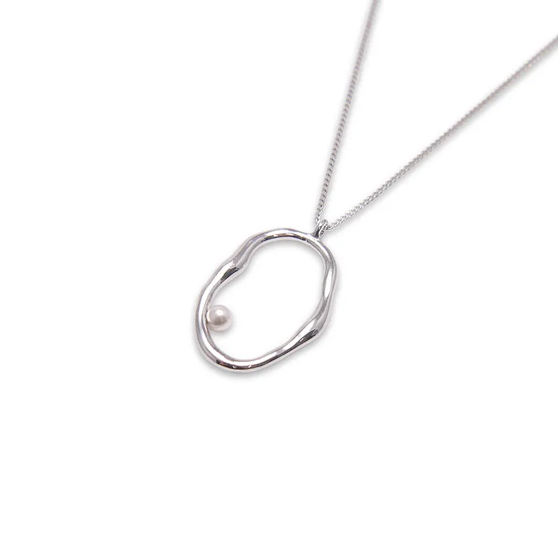 Irregular loop with Pearl Sterling Silver Necklace