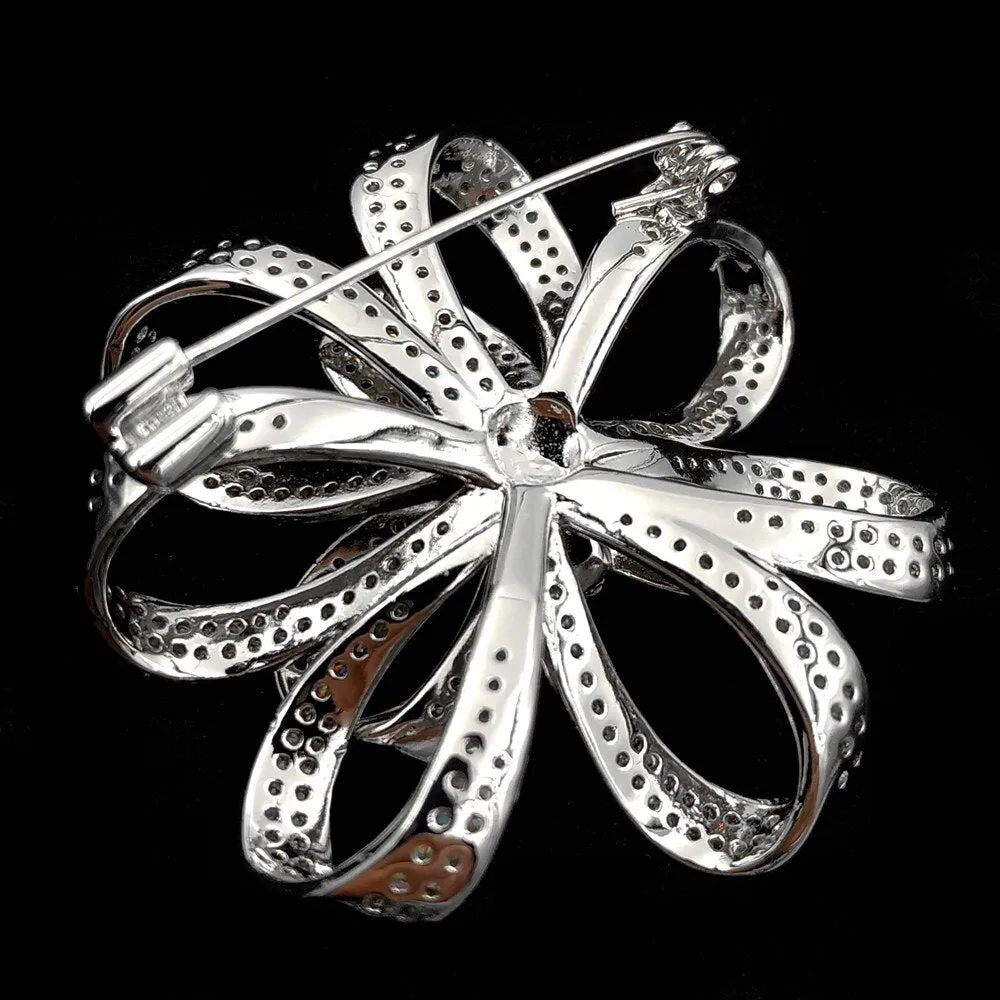 Jewelblings Victorian Vintage Silvertone Micro Pave Clear CZ Ribbon Bow Brooches Circlet Floral Style Bowtie Pin Broach Women Bridal Jewelry